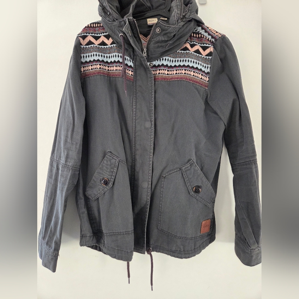 Gray Hooded Roxy Jacket with Colored Pattern